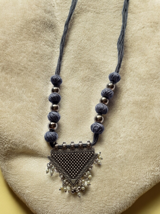 Antique Silver Oxidised Grey Silk Thread Necklace