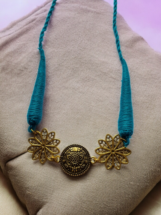 Beautiful Handcrafted Golden Choker with Teal Tarsel