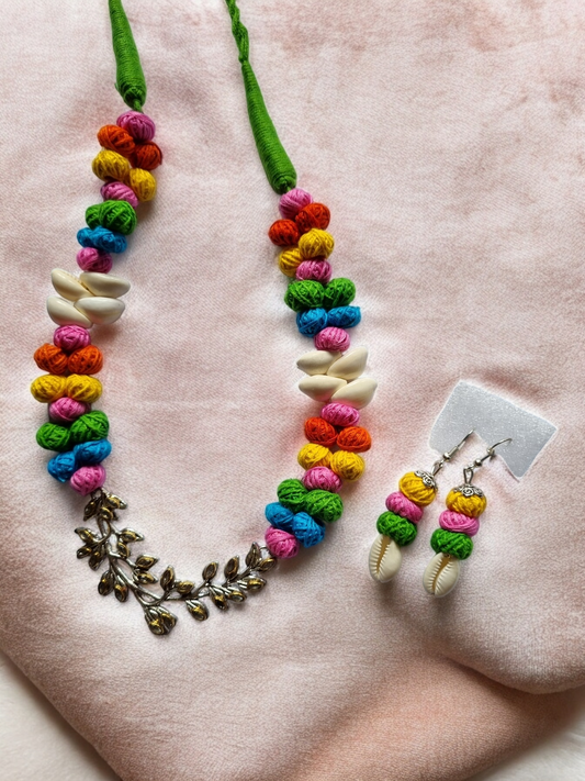 Beautiful Handmade Colourful Cotton Beads & Kori Necklace Earring Set